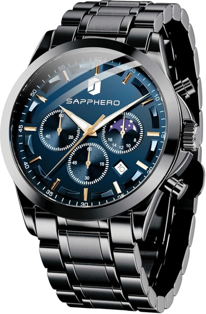 Sapphero Mens Watches Multifunction Chronograph Date Quartz Watch for Men Stainless Steel Band Wrist Watch Gift for Men Casual Business - Image 1